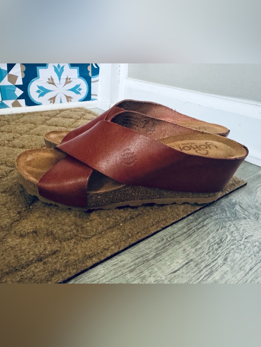 Women's Brown Leather Cross-Band Cork Footbed Mules